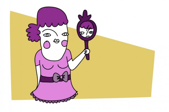 Pink LAvender drawing of a woman looking in a hand mirror